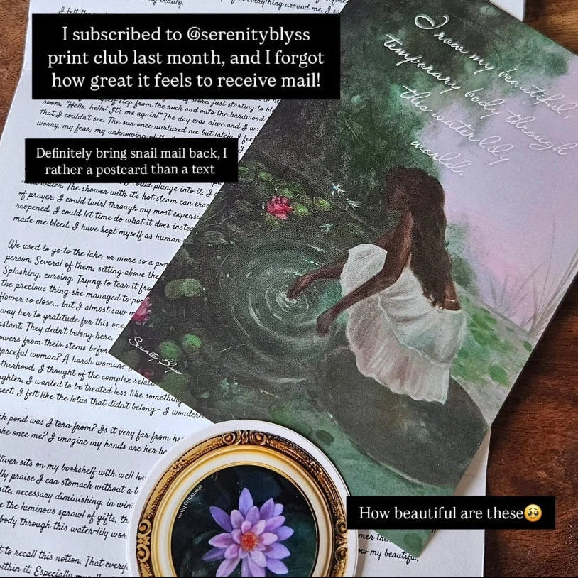 Greeting card with nature-themed design and text on a wooden surface